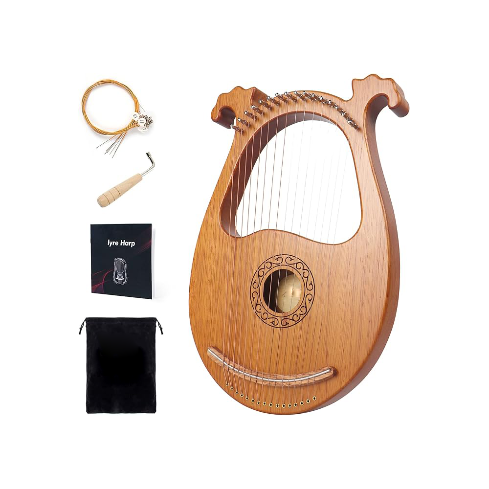 AKLOT 16 String Lyre Harp Deer Smile lyras Harps Mahogany Body and Copper Saddle with Tuning Wrench, Spare String Set, Bag, Manual AKLOT 16-String Lyre Harp – Mahogany Deer Design Instrument with Bag & Accessories - Image 1