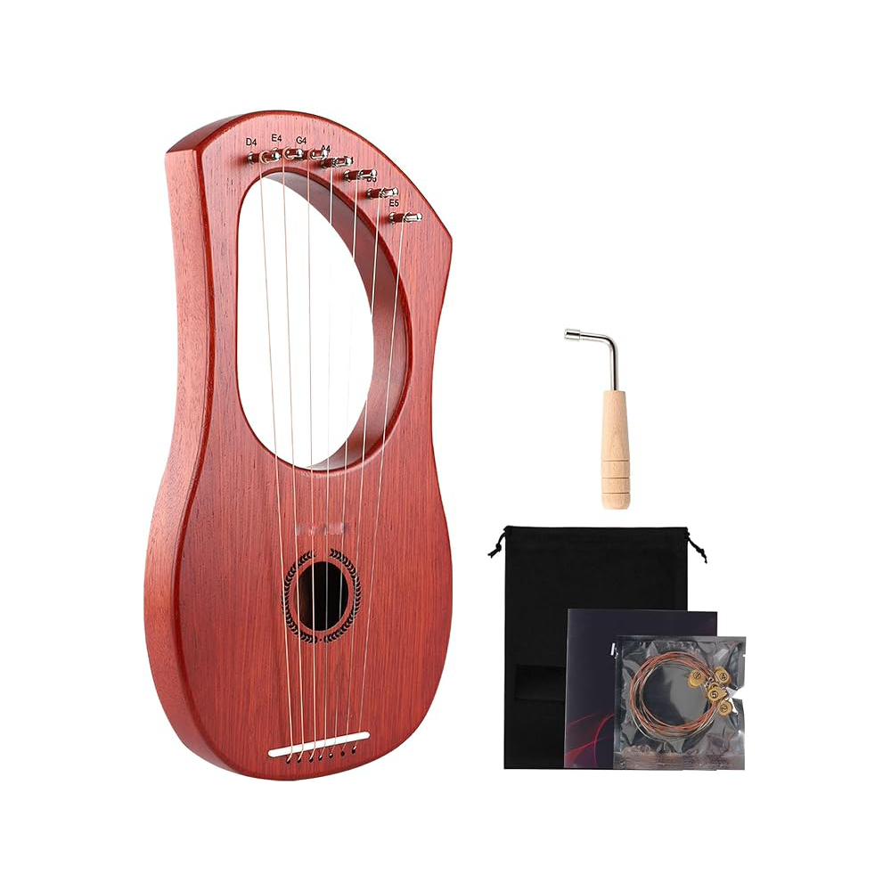 Lyre Harp 7 Strings with Bag,Tuning Wrench,Metal Strings, Mahogany Body and Bone Saddle,Mini Harp Instrument for Beginner 7-String Mahogany Lyre Harp – Portable Beginner Instrument with Bag & Tuning Kit - Image 1