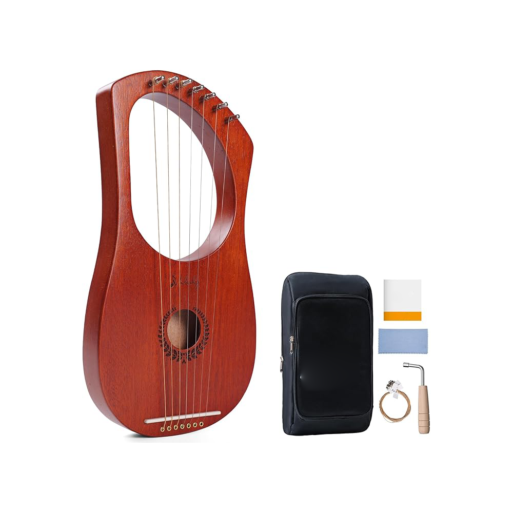 Lyre Harp Mulucky 7 Metal Lyre Steel String Bone Saddle Mahogany Lyre Instrument with Tuning Wrench and Black Gig Bag - MLH701 MULUCKY 7-String Mahogany Lyre Harp – Portable Instrument with Bag & Tuning Kit - Image 1