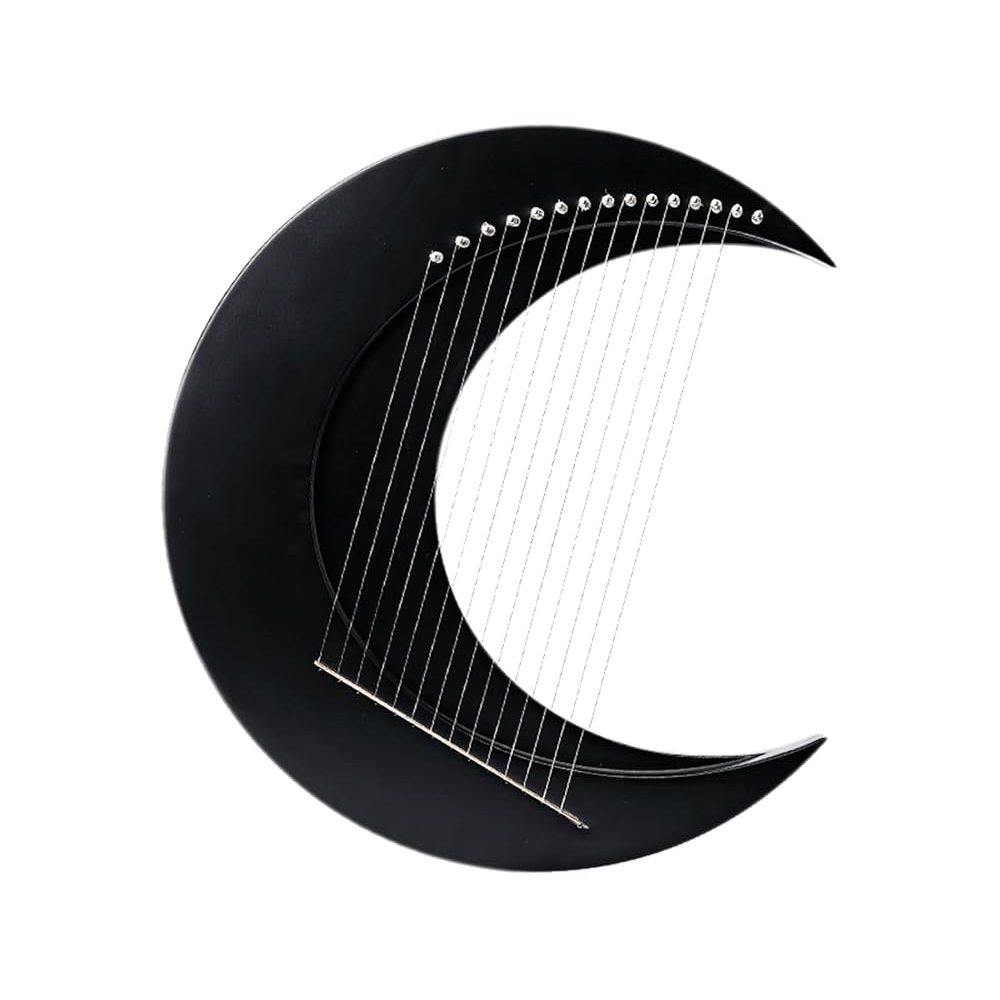 Lyre Harp, Portable Harp Strings Instrument, Wooden Harp, with Tuning Wrench Spare String Anti Slip Pad String Column Cover Wood Chips,Moon Shape (Black & 15 Strings) 15-String Moon Lyre Harp – Portable Wooden Instrument (Black) - Image 1
