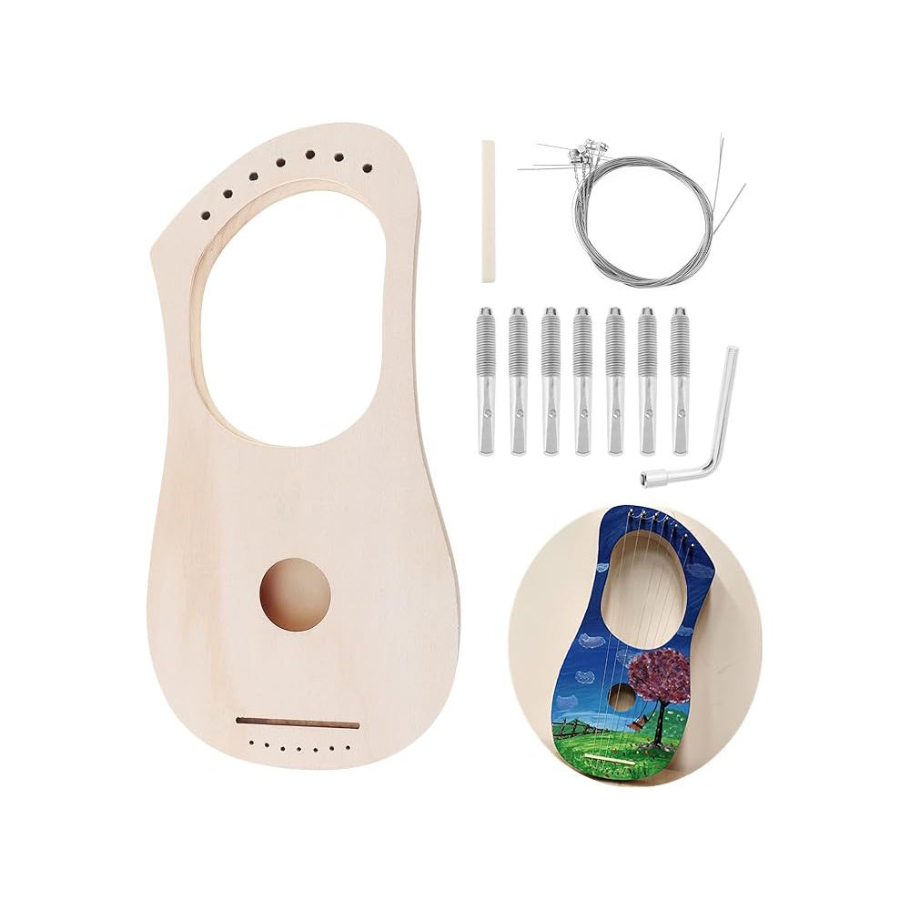 OriGlam Lyre Harp 7 String DIY Kit, Make Your Own Bass Wood, Lyres Wood Lyre Harp with String Post Saddle Tuning OriGlam 7-String DIY Lyre Harp Kit – Basswood Instrument Set - Image 1